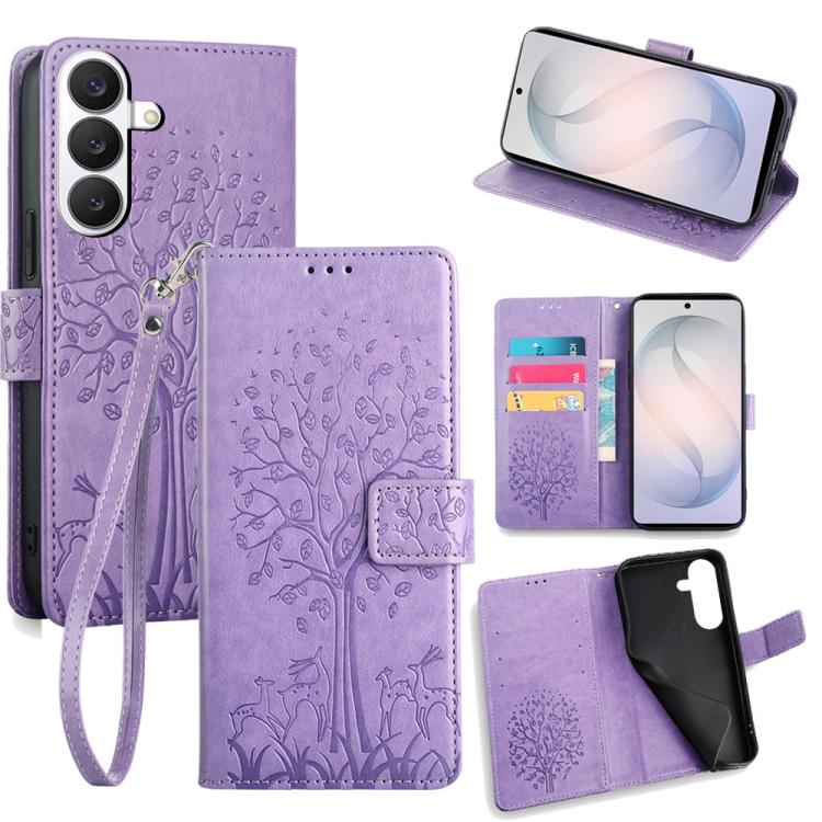 For Samsung Galaxy S26 5G Tree & Deer Embossed Leather Phone Case(Purple)