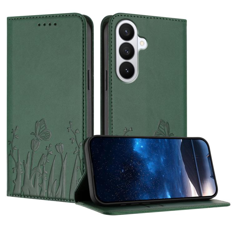 For Samsung Galaxy S26 5G Tulips Butterfly Pattern Magnetic Vegan Leather Phone Case(Dark Green)