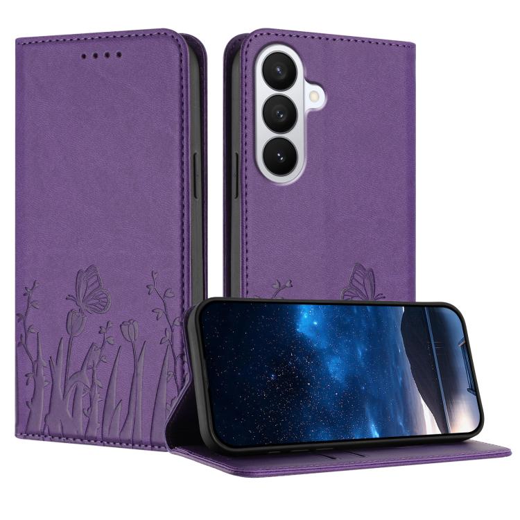 For Samsung Galaxy S26 5G Tulips Butterfly Pattern Magnetic Vegan Leather Phone Case(Dark Purple)