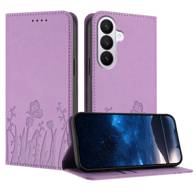 For Samsung Galaxy S26 5G Tulips Butterfly Pattern Magnetic Vegan Leather Phone Case(Light Purple)