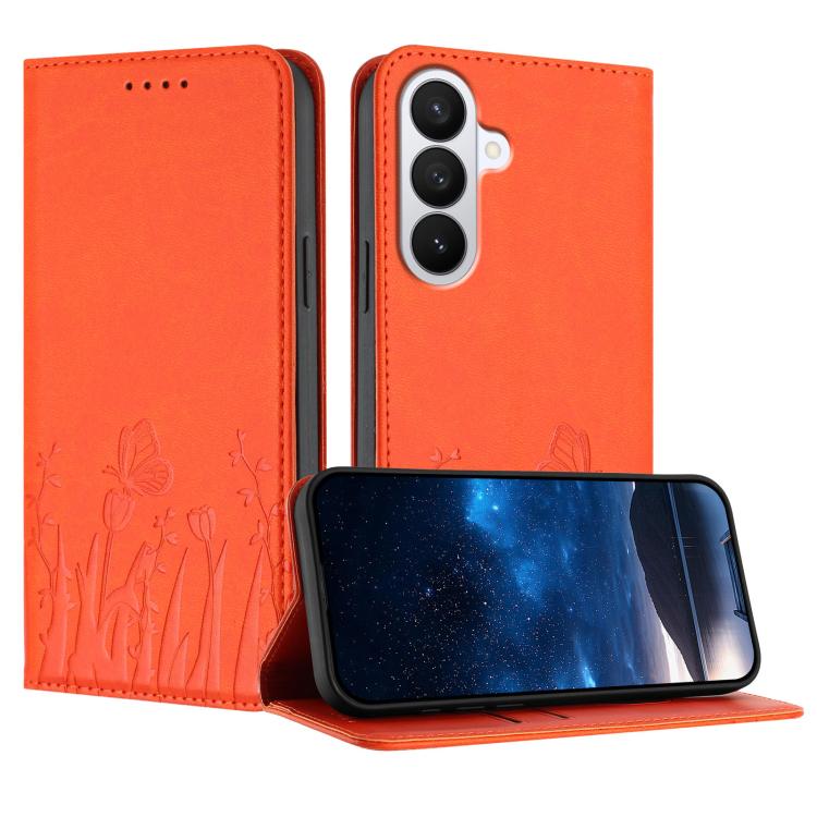 For Samsung Galaxy S26 5G Tulips Butterfly Pattern Magnetic Vegan Leather Phone Case(Orange)