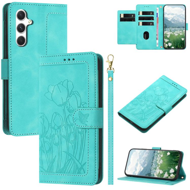 For Samsung Galaxy S26 5G Tulips Embossed Leather Phone Case with Lanyard(Green)