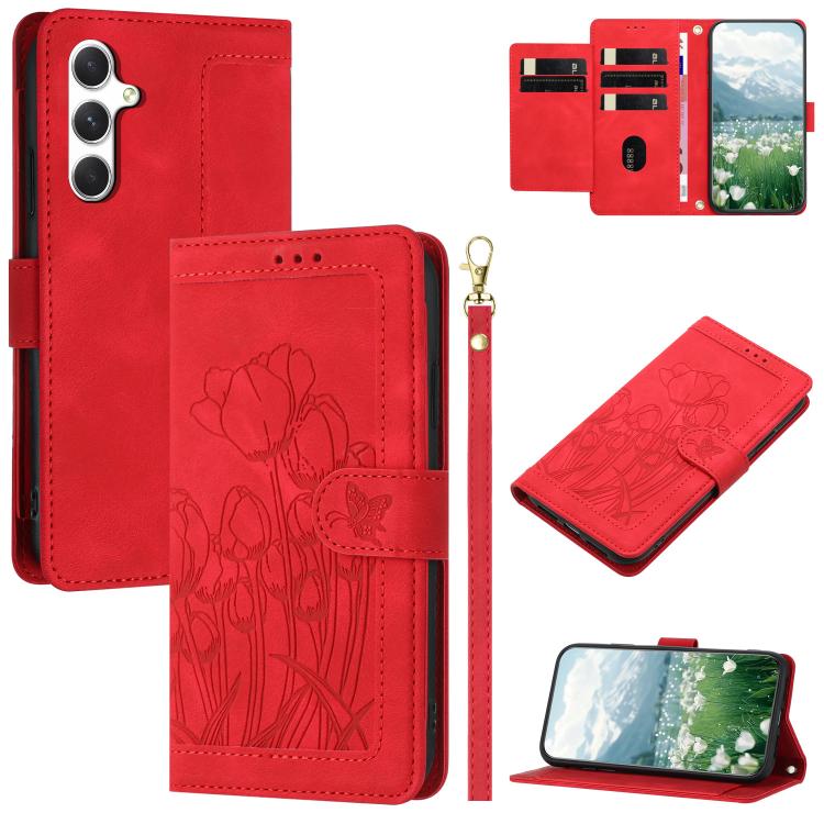 For Samsung Galaxy S26 5G Tulips Embossed Leather Phone Case with Lanyard(Red)