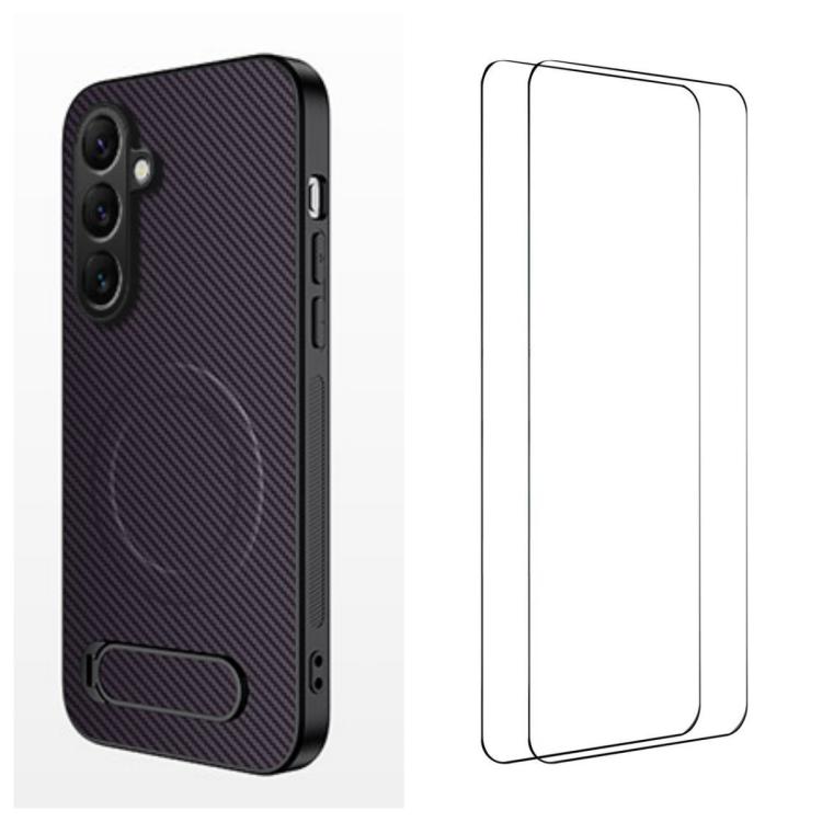 For Samsung Galaxy S26 5G WANLONFENG Kickstand Carbon Fiber Texture Magnetic Phone Case with 2pcs Screen Films(Purple)