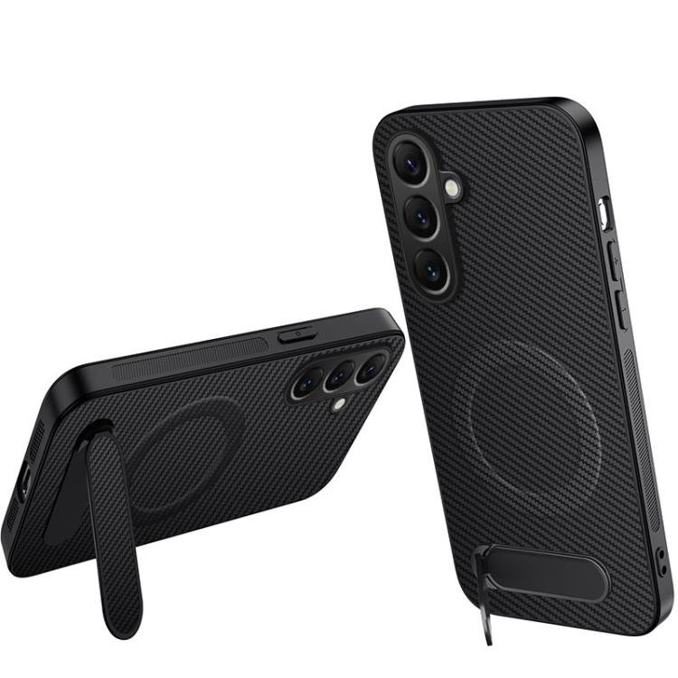 For Samsung Galaxy S26 5G WANLONFENG Kickstand Carbon Fiber Texture Magnetic Phone Case(Black)
