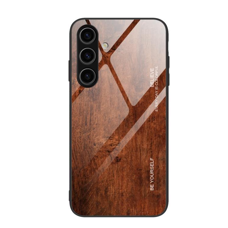 For Samsung Galaxy S26 5G Wood Grain Glass Phone Case(Dark Brown)