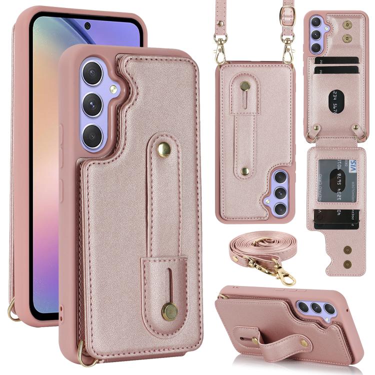 For Samsung Galaxy S26 5G Wristband Vertical Flip Wallet Back Cover Phone Case with Long Lanyard(Rose Gold)