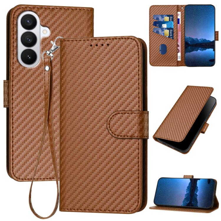For Samsung Galaxy S26 5G YX0070 Carbon Fiber Buckle Leather Phone Case with Lanyard(Coffee)
