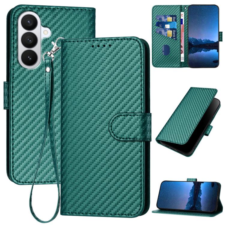 For Samsung Galaxy S26 5G YX0070 Carbon Fiber Buckle Leather Phone Case with Lanyard(Dark Green)