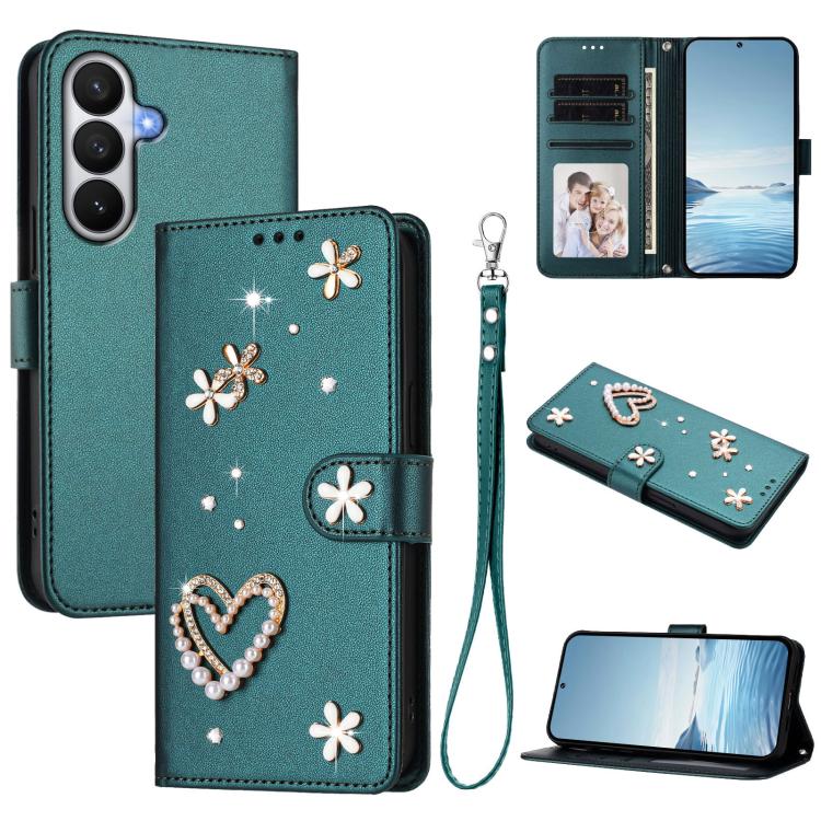 For Samsung Galaxy S26 5G ZS01 Double-Layer Heart Floral Vegan Leather Phone Case with Wrist Strap(Peacock Green)