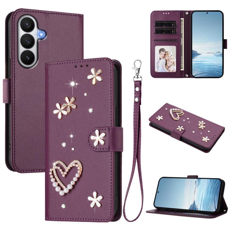 For Samsung Galaxy S26 5G ZS01 Double-Layer Heart Floral Vegan Leather Phone Case with Wrist Strap(Violet)