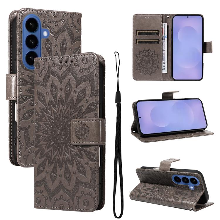 For Samsung Galaxy S26 5GB Embossed Sunflower Pattern Flip Leather Phone Case(Grey)