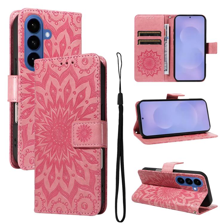 For Samsung Galaxy S26 5GB Embossed Sunflower Pattern Flip Leather Phone Case(Pink)