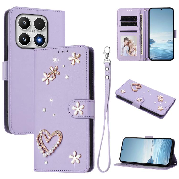 For Xiaomi 17 5G ZS01 Double-Layer Heart Floral Vegan Leather Phone Case with Wrist Strap(Light Purple)