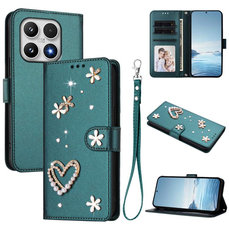For Xiaomi 17 5G ZS01 Double-Layer Heart Floral Vegan Leather Phone Case with Wrist Strap(Peacock Green)
