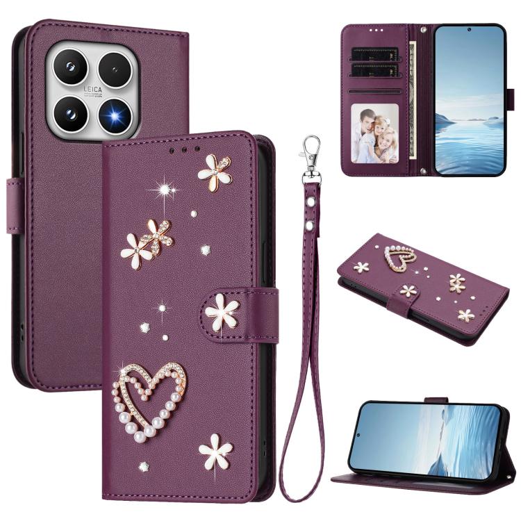 For Xiaomi 17 5G ZS01 Double-Layer Heart Floral Vegan Leather Phone Case with Wrist Strap(Violet)
