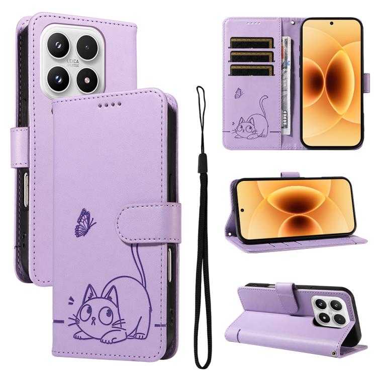 For Xiaomi 17 Adorable Cat Embossed Pattern Flip Leather Phone Case(Purple)