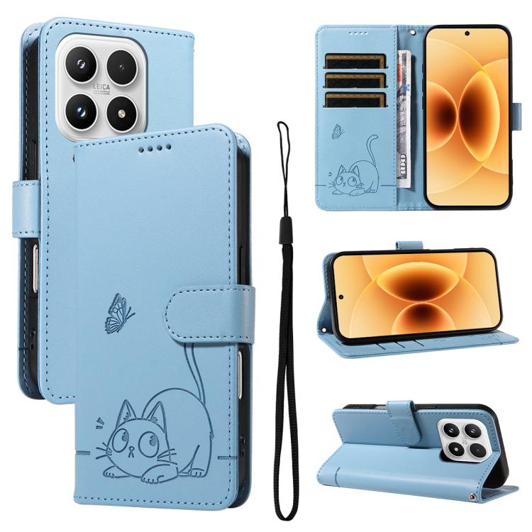 For Xiaomi 17 Adorable Cat Embossed Pattern Flip Leather Phone Case(Sky Blue)