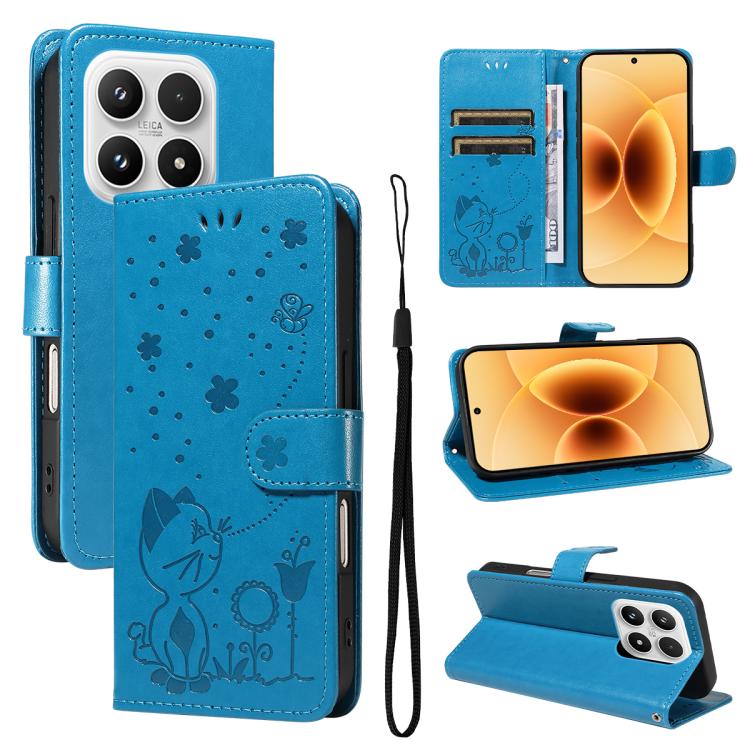 For Xiaomi 17 Cat and Bee Embossed Flip Leather Phone Case(Blue)