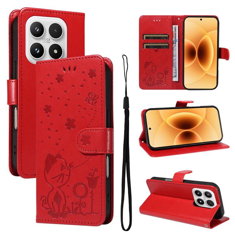 For Xiaomi 17 Cat and Bee Embossed Flip Leather Phone Case(Red)