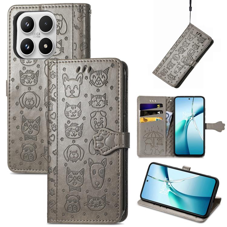 For Xiaomi 17 Cat and Dog Embossed Leather Phone Case(Gray)