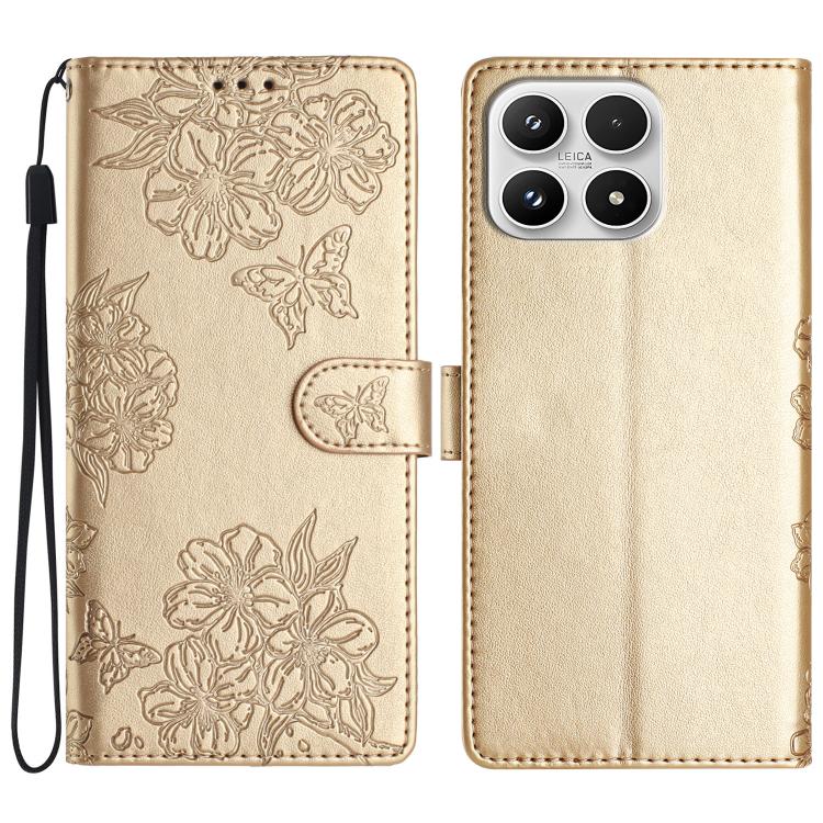 For Xiaomi 17 Cherry Blossom Butterfly Skin Feel Embossed PU Phone Case(Gold)