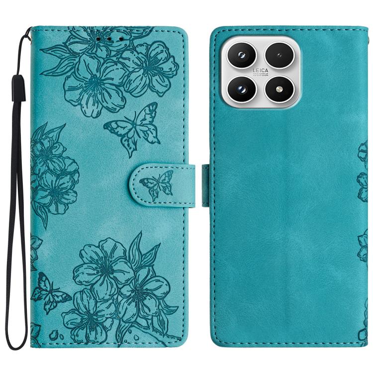 For Xiaomi 17 Cherry Blossom Butterfly Skin Feel Embossed PU Phone Case(Green)