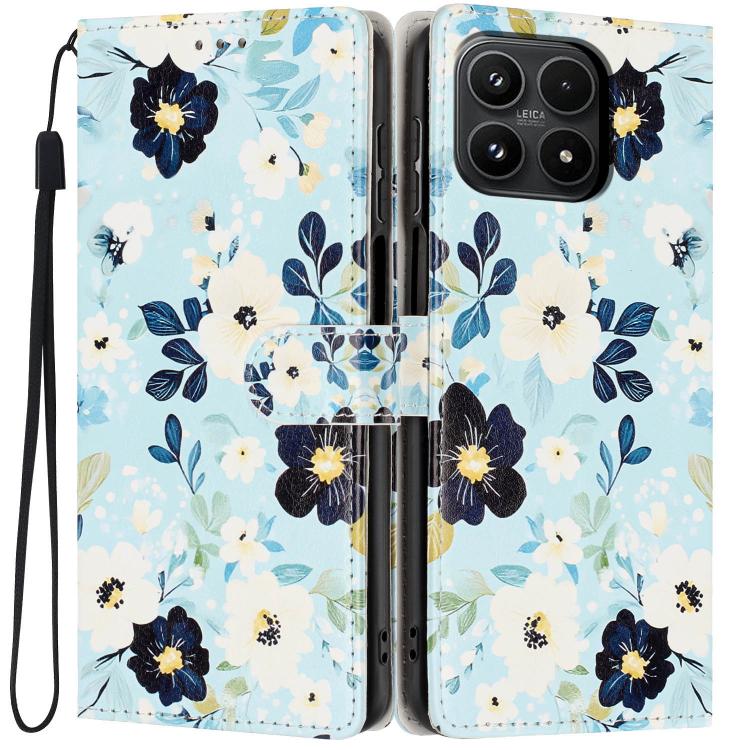 For Xiaomi 17 Colorful Painting Vegan Leather Phone Case with Lanyard(Blue Background Flower)