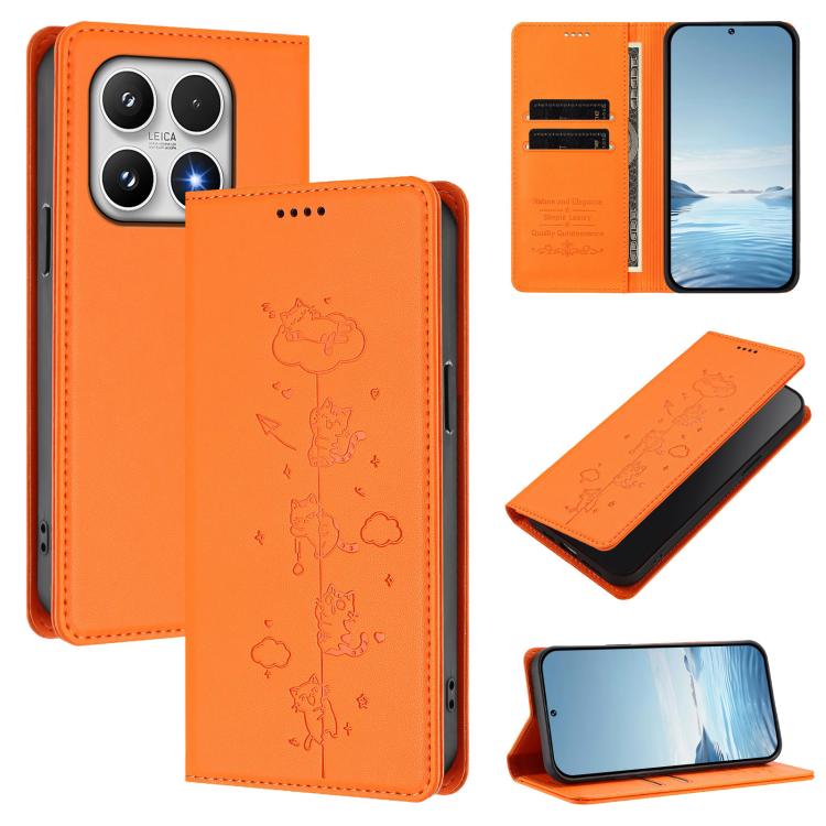 For Xiaomi 17 Cute Cats Embossed Magnetic RFID Vegan Leather Phone Case(Orange)