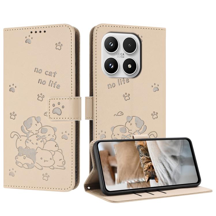 For Xiaomi 17 Embossed Kitten Phone Leather Case with Lanyard(Beige)