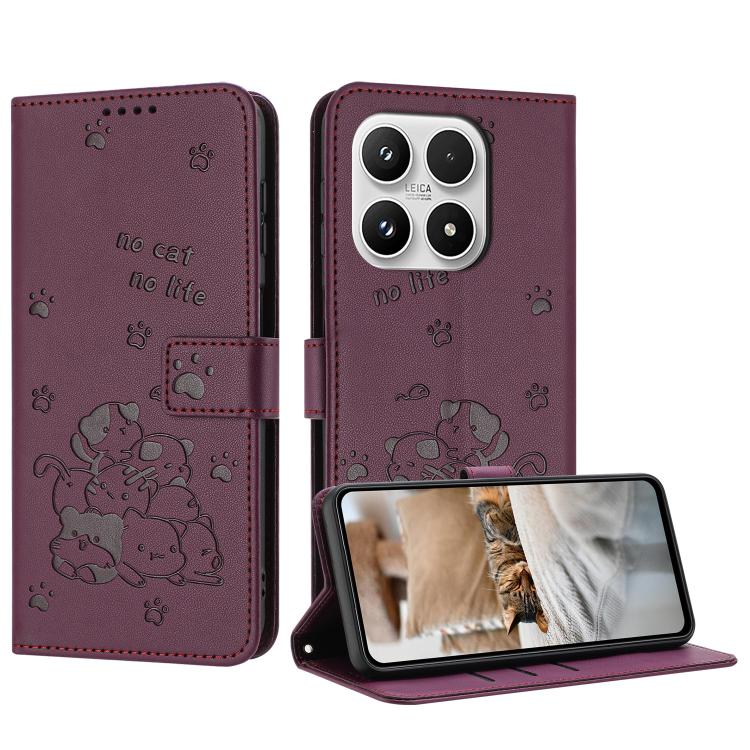 For Xiaomi 17 Embossed Kitten Phone Leather Case with Lanyard(Wine Red)