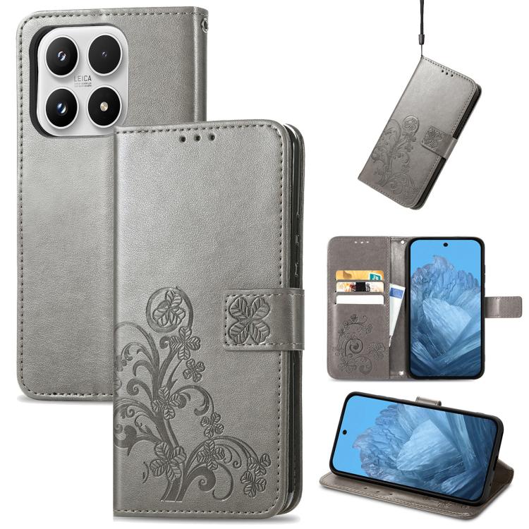For Xiaomi 17 Four-leaf Clasp Embossed Buckle Leather Phone Case(Gray)