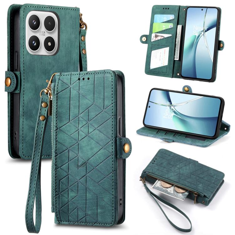 For Xiaomi 17 Geometric Zipper Wallet Side Buckle Leather Phone Case(Green)