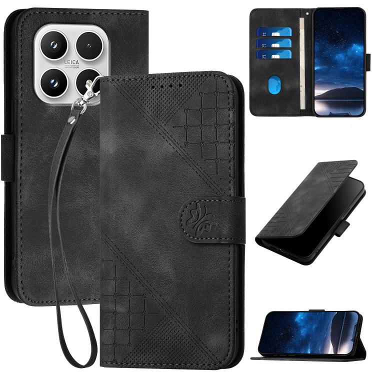 For Xiaomi 17 Grid Butterfly Embossed Pattern Leather Phone Case with Lanyard(Black)