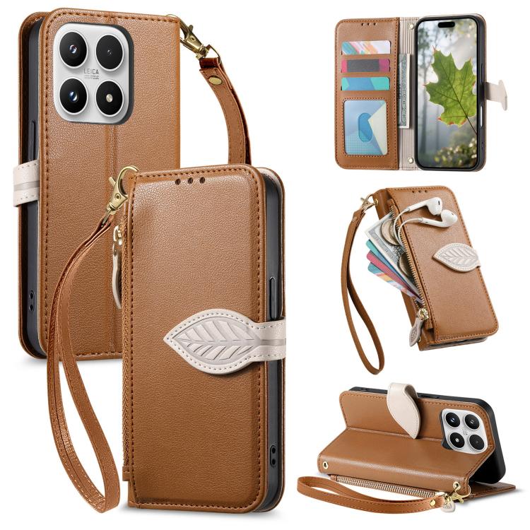 For Xiaomi 17 Leaf Buckle Zipper Wallet Leather Phone Case with Strap(Brown)