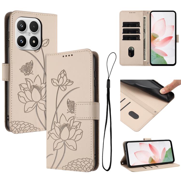 For Xiaomi 17 Lotus Embossed Leather Phone Case with Lanyard(Beige)