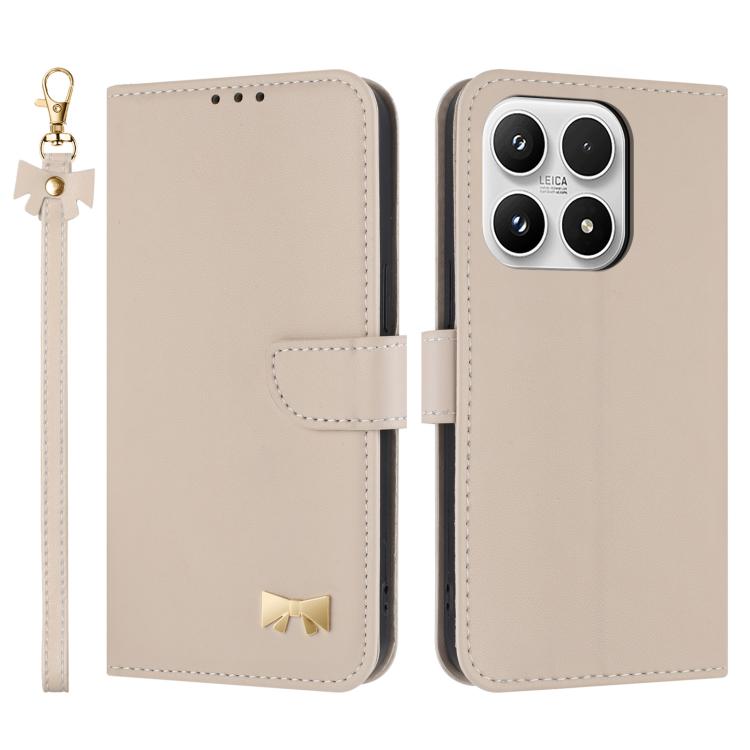 For Xiaomi 17 Metal Bow Leather Phone Case with Hand Strap(Apricot)
