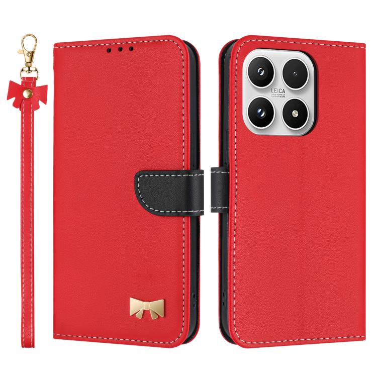 For Xiaomi 17 Metal Bow Leather Phone Case with Hand Strap(Red)