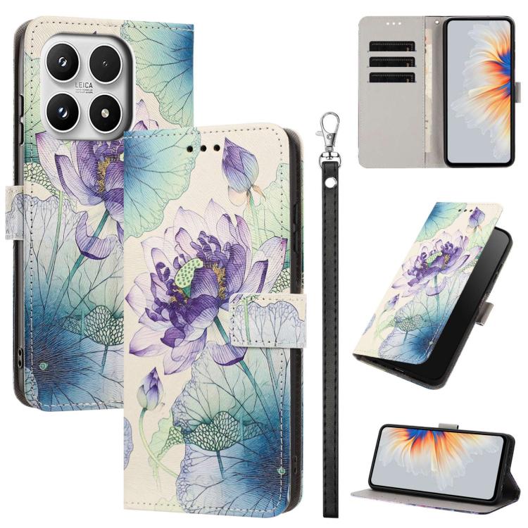 For Xiaomi 17 Painted Pattern Vegan Leather Phone Case with Strap(Purple Lotus)