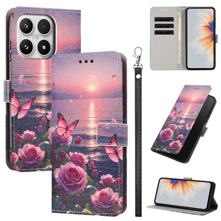 For Xiaomi 17 Painted Pattern Vegan Leather Phone Case with Strap(Rose Butterfly)