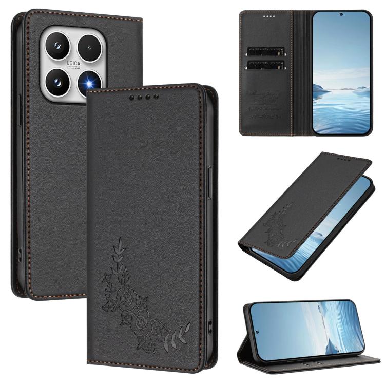 For Xiaomi 17 Peony Embossed Magnetic RFID Vegan Leather Phone Case(Black)