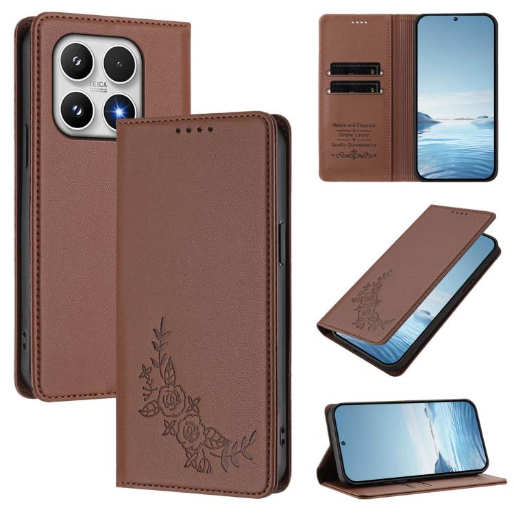 For Xiaomi 17 Peony Embossed Magnetic RFID Vegan Leather Phone Case(Brown)
