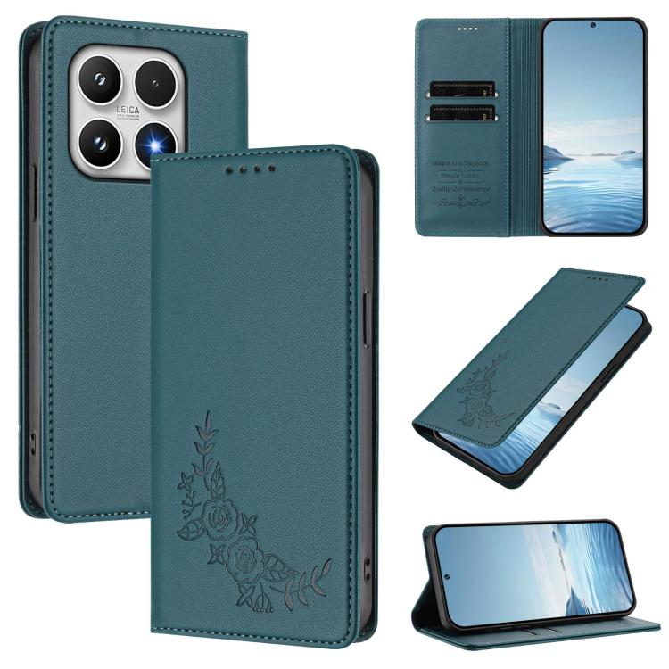 For Xiaomi 17 Peony Embossed Magnetic RFID Vegan Leather Phone Case(Peacock Green)