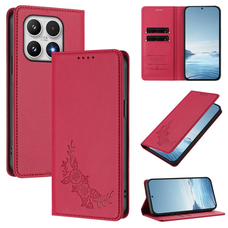 For Xiaomi 17 Peony Embossed Magnetic RFID Vegan Leather Phone Case(Red)