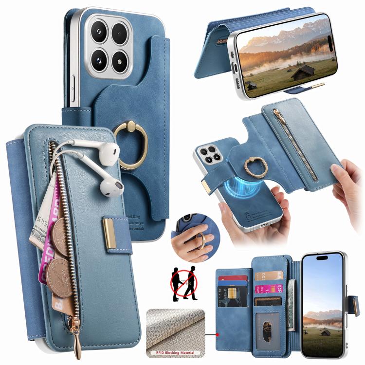 For Xiaomi 17 Precision Hole Silver-Edged Ring RFID Blocking Zipper Wallet Magnetic Vegan Leather Phone Case(Blue)