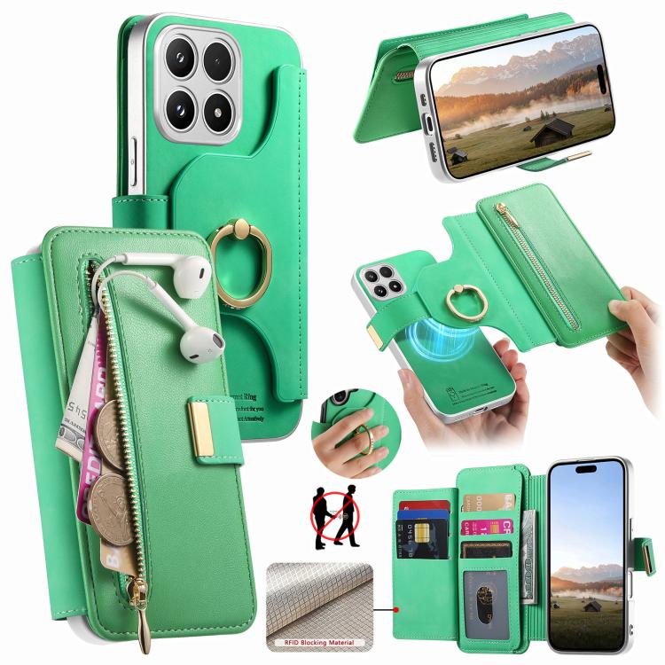 For Xiaomi 17 Precision Hole Silver-Edged Ring RFID Blocking Zipper Wallet Magnetic Vegan Leather Phone Case(Green)