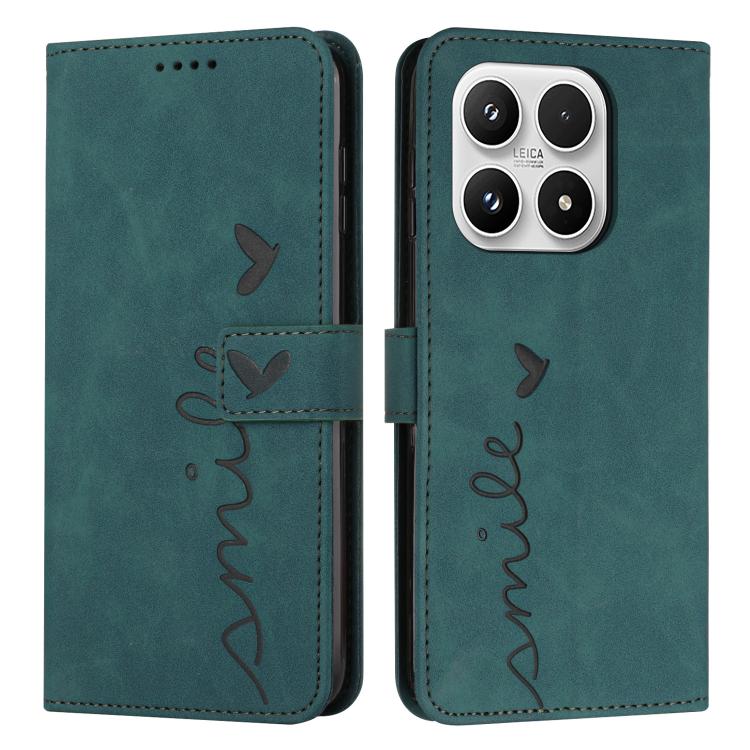 For Xiaomi 17 Skin Feel Heart Embossed Leather Phone Case with Long Lanyard(Green)