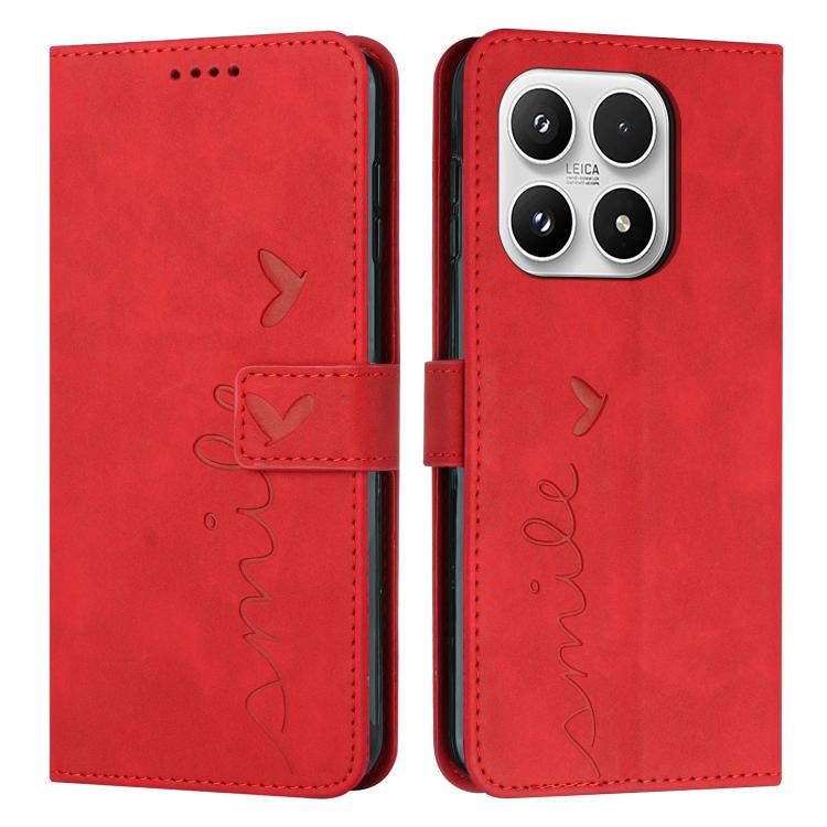 For Xiaomi 17 Skin Feel Heart Embossed Leather Phone Case with Long Lanyard(Red)