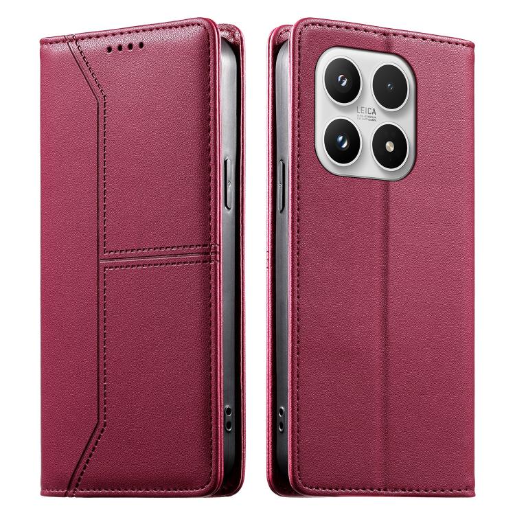 For Xiaomi 17 Stitched Line Magnetic RFID Vegan Leather Phone Case(Wine Red)