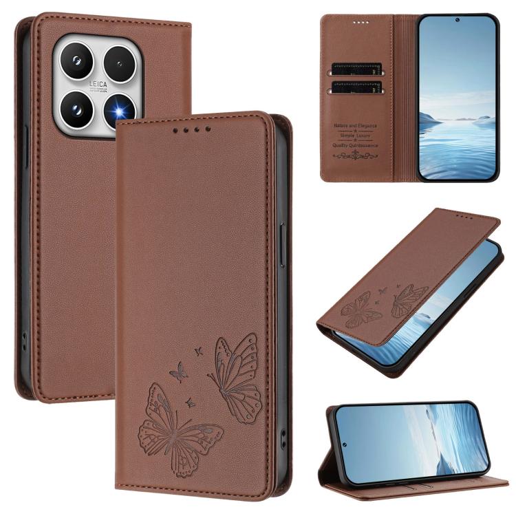 For Xiaomi 17 Strong Magnetic Dual Butterfly RFID Vegan Leather Phone Case(Brown)